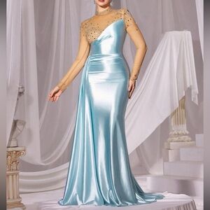 Luxe rhinestone decor mesh detail party formal prom satin gown dress